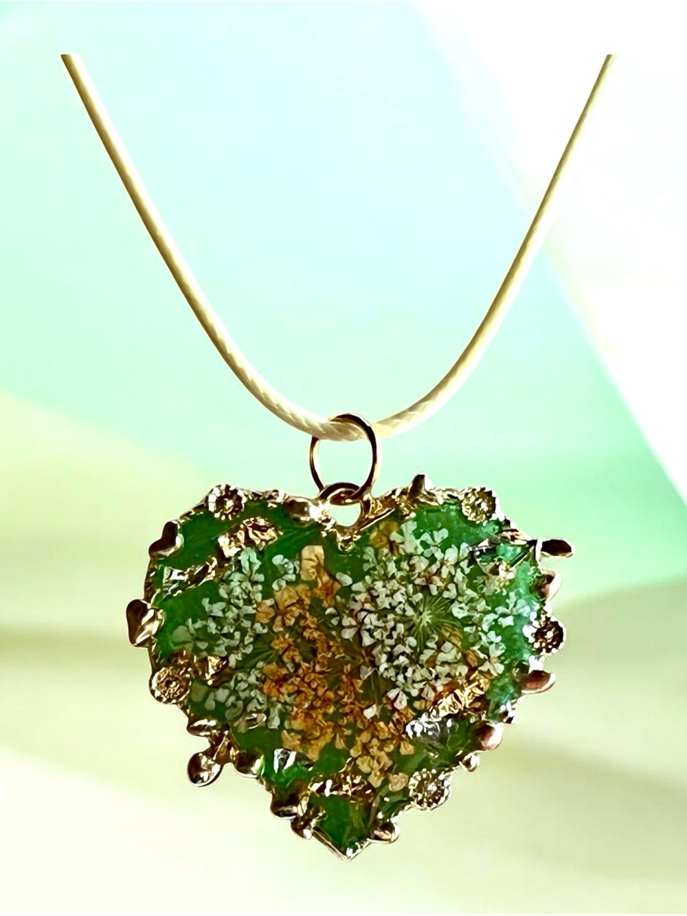 Green Heart Dried Floral Resin Pendant Necklace with Gold-Tone Setting 18” Cord